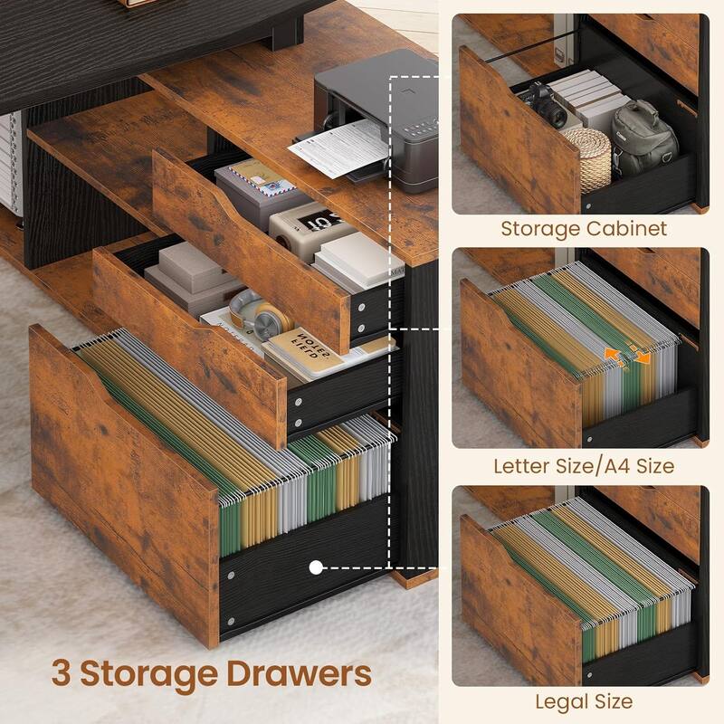 71" Executive Desk File Cabinet L Shaped Computer Desk Shelves