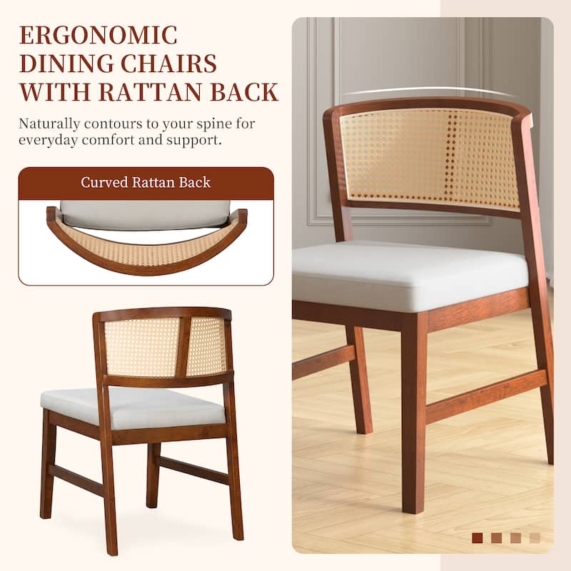 Rattan Dining Chairs Set of 2, Fabric Upholstered Kitchen Side Chair, Curved Rattan Back