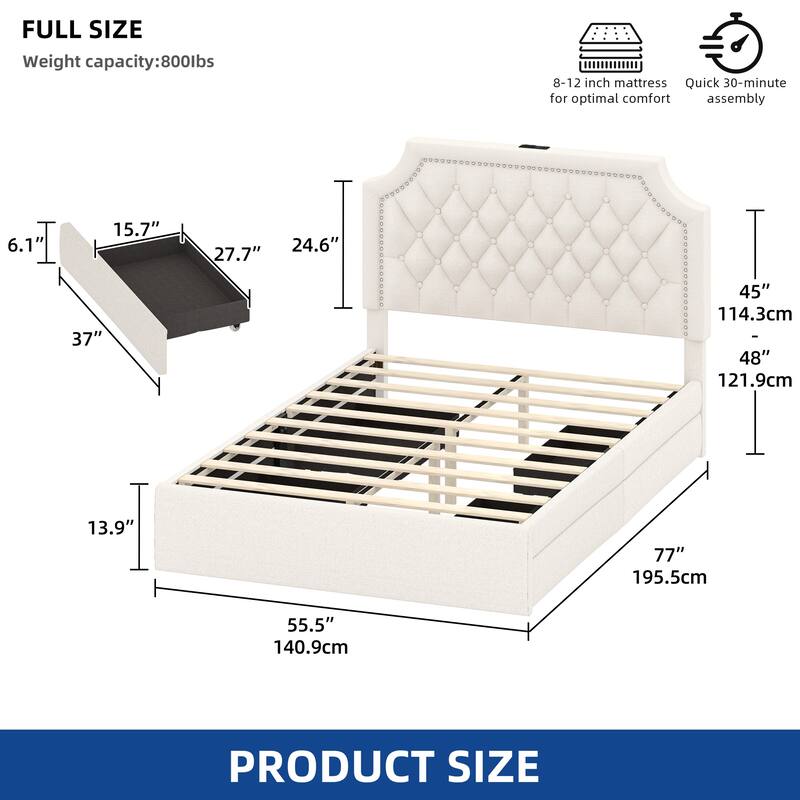Moasis Velvet/Linen Upholstered Bedframe with Adjustable Headboard and 4 Storage Drawers