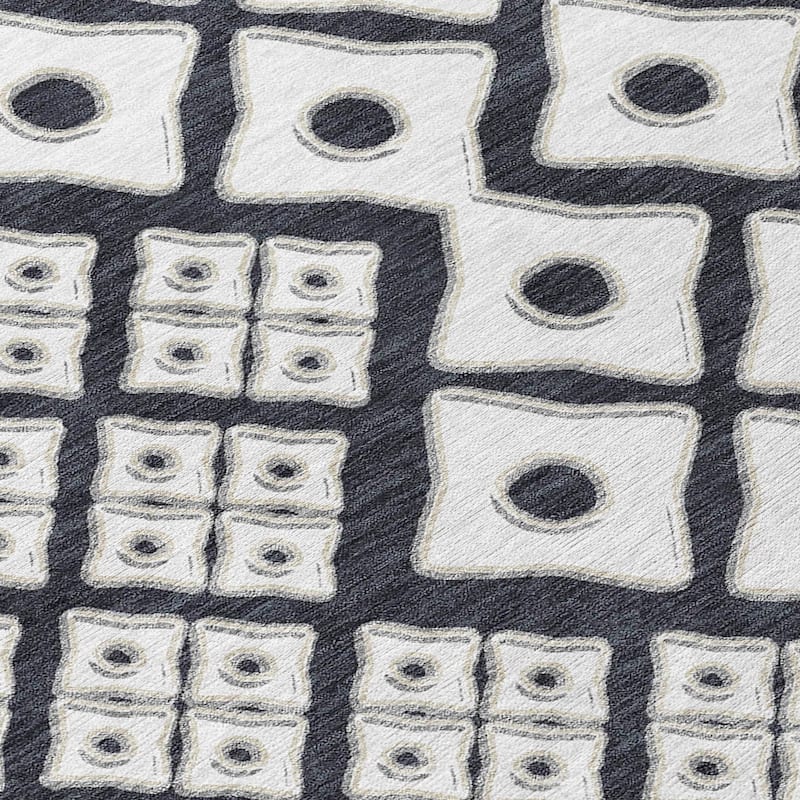 Black And Ivory Geometric Washable Indoor Outdoor Area Rug - 5' X 8'