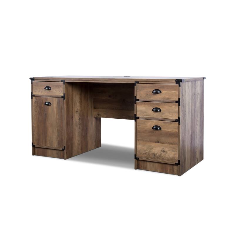 HomeRoots 59" Oak Wood Pedestal Computer Desk With Four Drawers