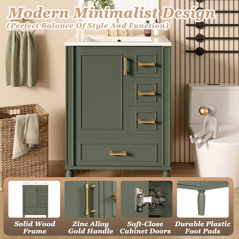 Modern 24" Bathroom Vanity with Ceramic Sink - Olive Green - 24 Inch