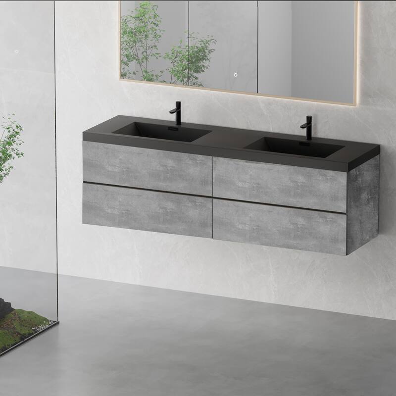 GDFStudio - Carter Floating Bathroom Vanity with Black Quartz Sand Countertops & Soft-Close Drawers