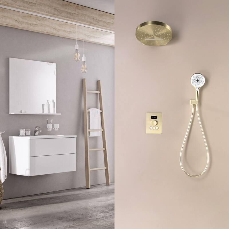 6-Way Wall Mounted 12.6'' Round Showerhead with High-pressure Handheld Showerhead in Black/Gold