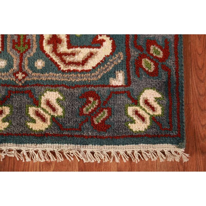 Teal Blue Geometric Kazak Indian Runner Rug Handmade Wool Carpet - 2'6" x 9'8"