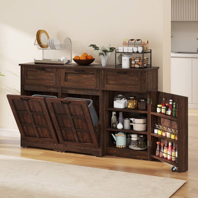 Kitchen Island With Double Tilt Out Trash Can Cabinet - Brown