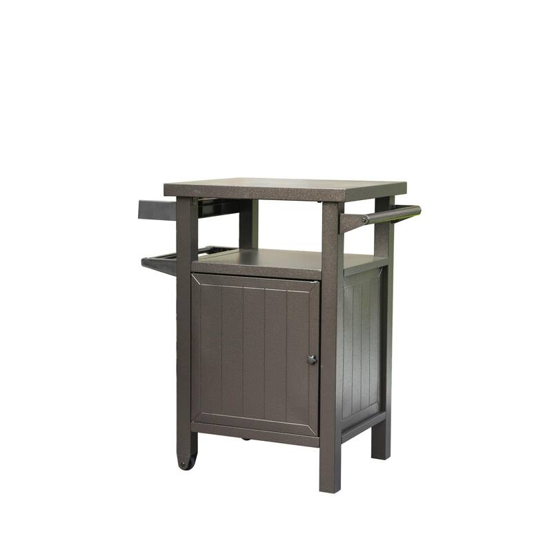Grill Carts Outdoor with Storage and Wheels, Whole Metal Portable Table and Storage Cabinet for BBQ, Deck, Patio - Brown