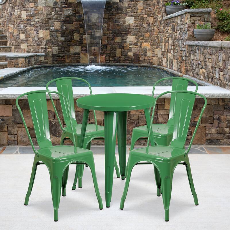 24'' Round Metal Indoor-Outdoor Table Set with 4 Cafe Chairs