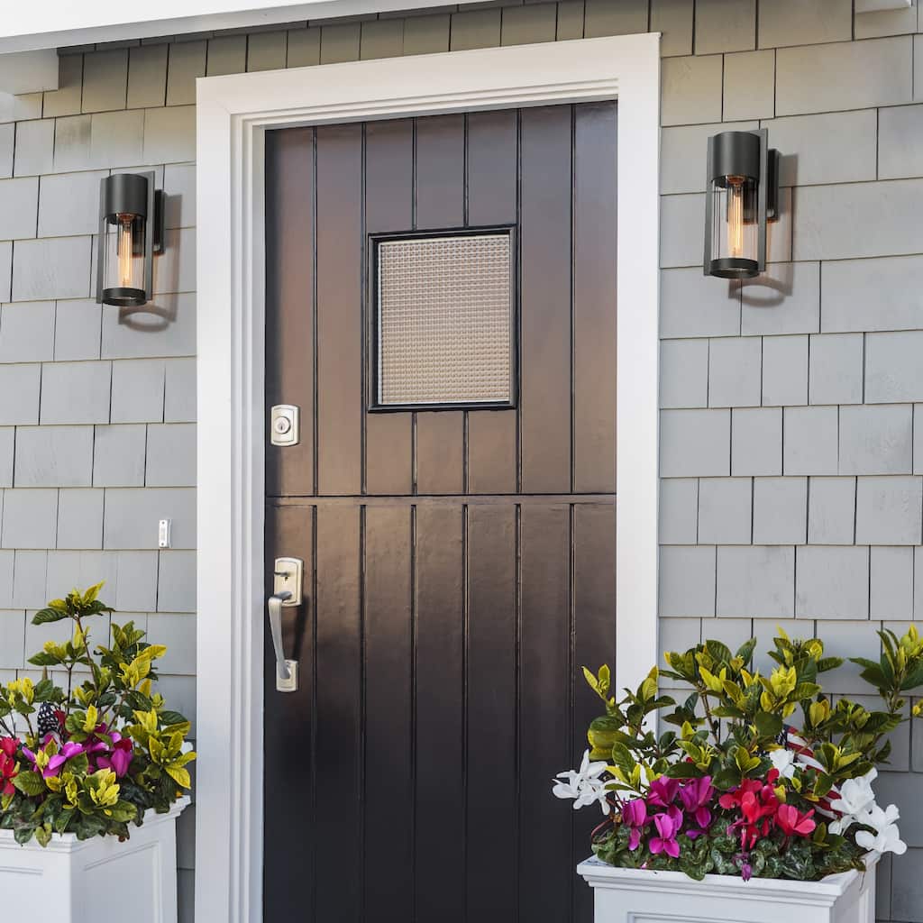 2-pack Aluminum Modern Black Outdoor Glass Sconce Farmhouse Cylinder LED Patio Wall Lantern
