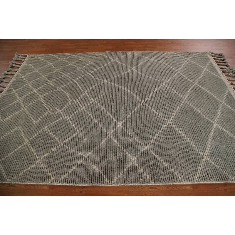 Hand Knotted Oriental 100% Wool Carpet Modern Trellis Greys & Charcoal Moroccan Area Rug - 8' 2'' X 5' 10''