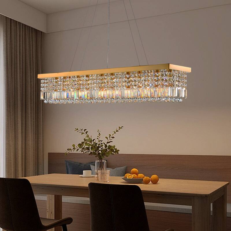 47 in. Gold Crystal Chandelier 10-Light Modern Rectangular Crystal Raindrop Chandelier for Kitchen Island Dining Room