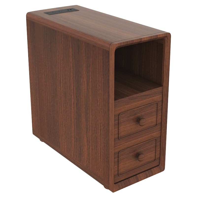 Tall Narrow Side Table Reversible Corner End Table with Charging Station, Storage Drawers and Open Shelves