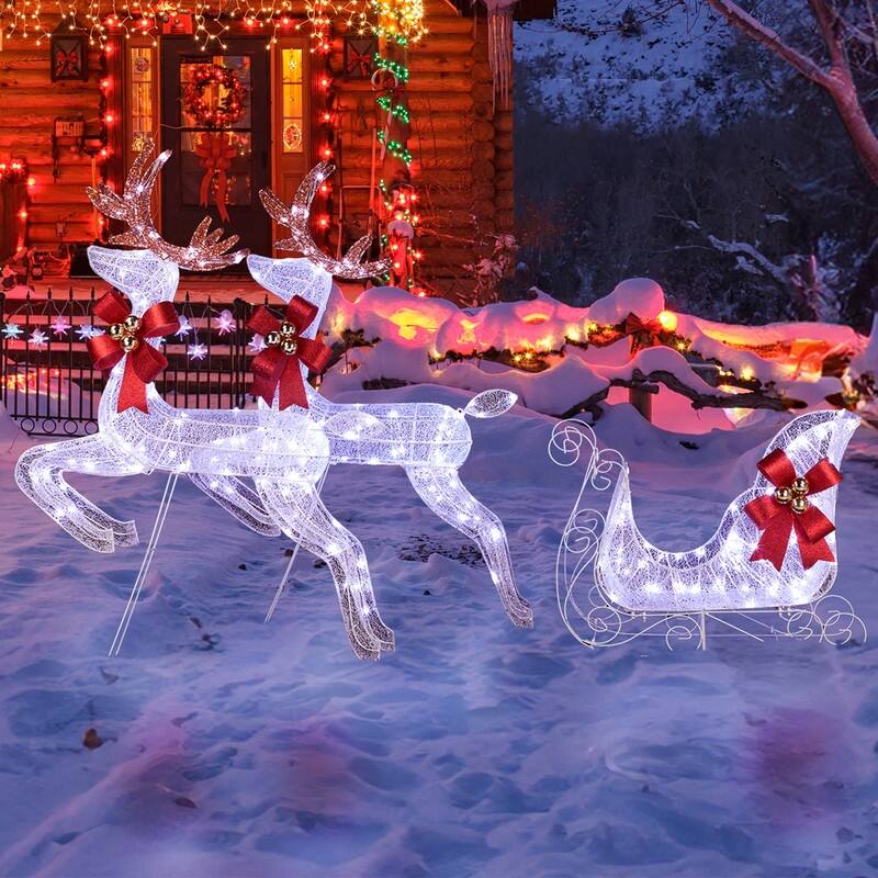 3-Piece Set of 2 Reindeer & Sleigh with Pre-lit 270 LED White Lights Christmas Decoration