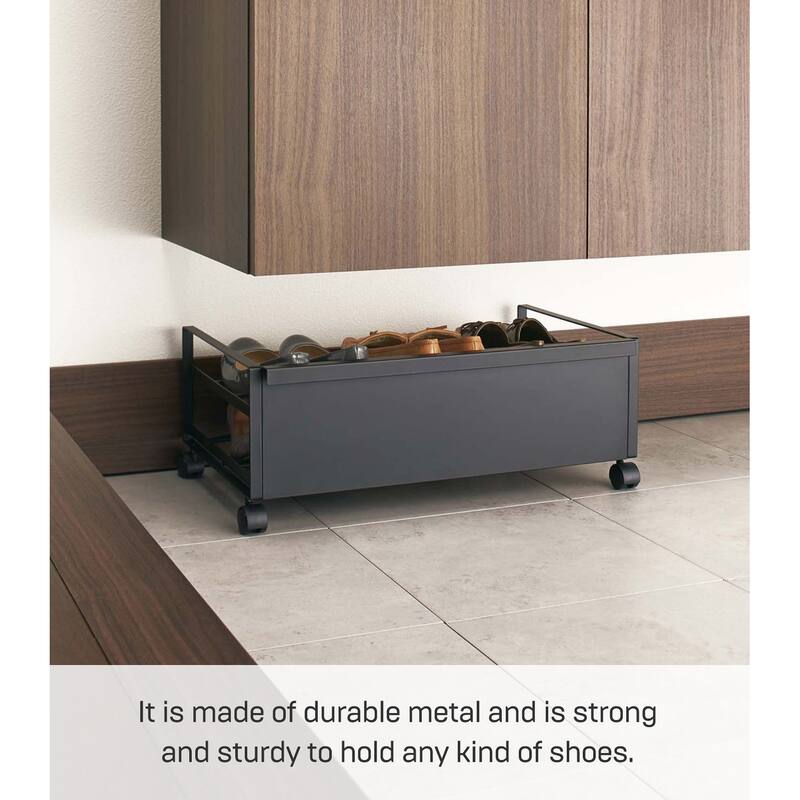 Yamazaki Home Rolling Shoe Rack, Steel, Holds 4 shoes, 6 heels, Holds 4.4 lbs, Wheels, Minimal Assembly