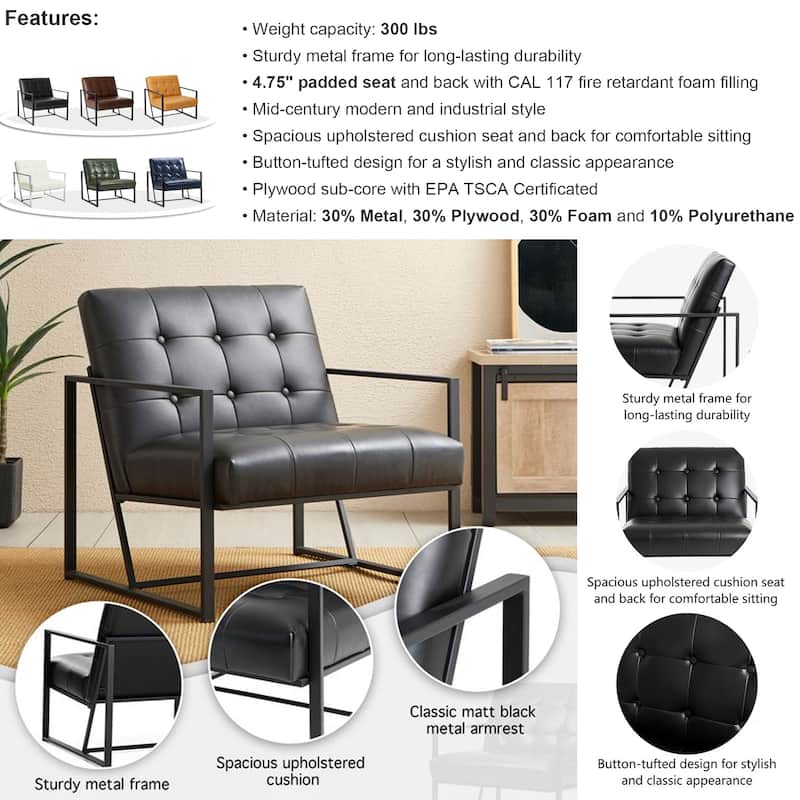 Glitzhome 29.50"W Mid-Century PU Leather Tufted Accent Chair - 29.5"W x 30.5"H x 29.25"D