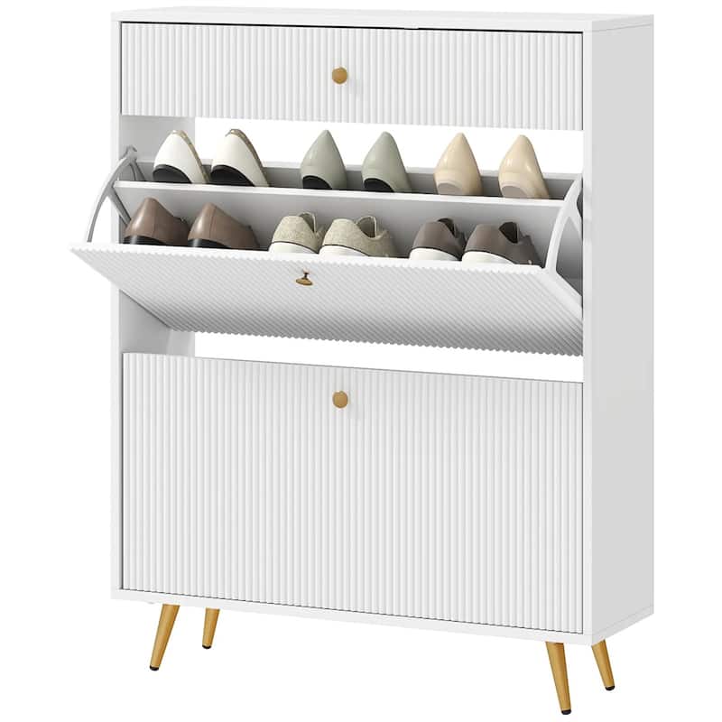 Modern Shoe Cabinet with Flip Storage Drawers and Gold Handles Adjustable Shelves for 12 Pairs - 31.5" W x 9.4" D x 40" H - White