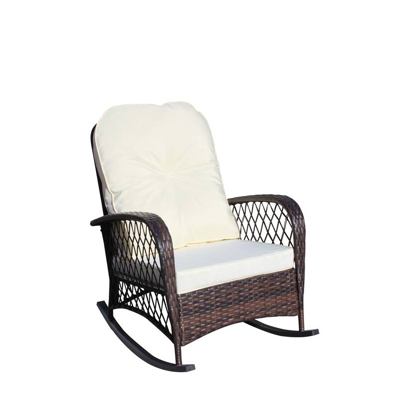 Outdoor Wicker Rocking Chair with Wide Seat, Thick, Soft Cushion, Rattan Rocker w/Steel Frame, High Weight Capacity
