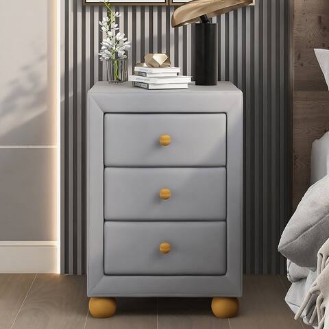 Upholstered Storage Nightstand with 3 Drawers, Natural Wood Knobs