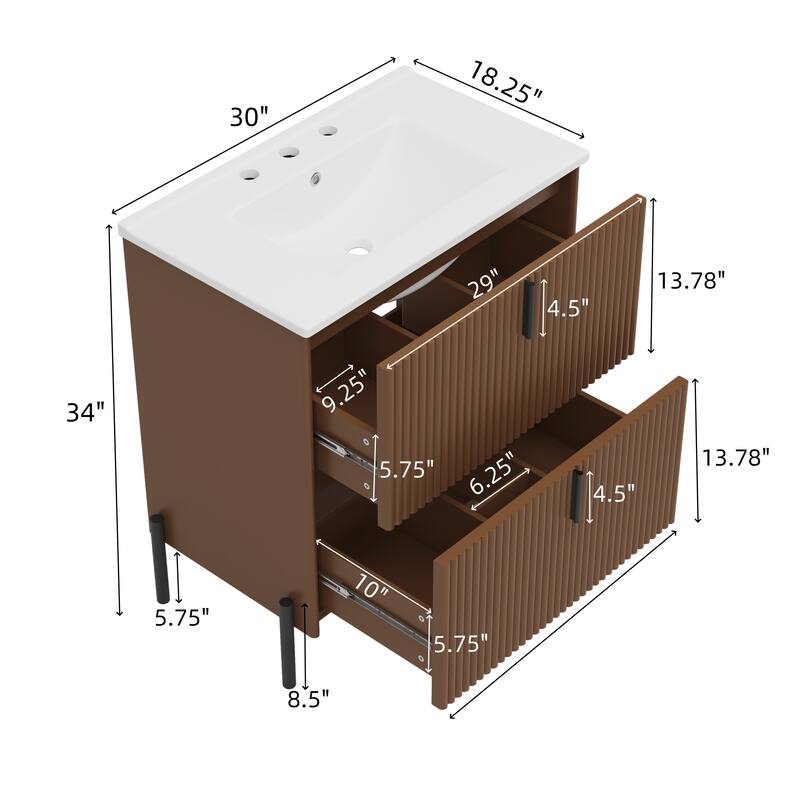 Roomfitters 30" Bathroom Vanity with Ceramic Sink, Vertical Pulls, Full-Extension Soft-Close storage units and Fluted Design