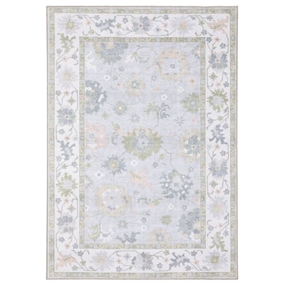 Ainsley Floral Traditional Blue/ Green Printed Washable Flat Pile Area Rug