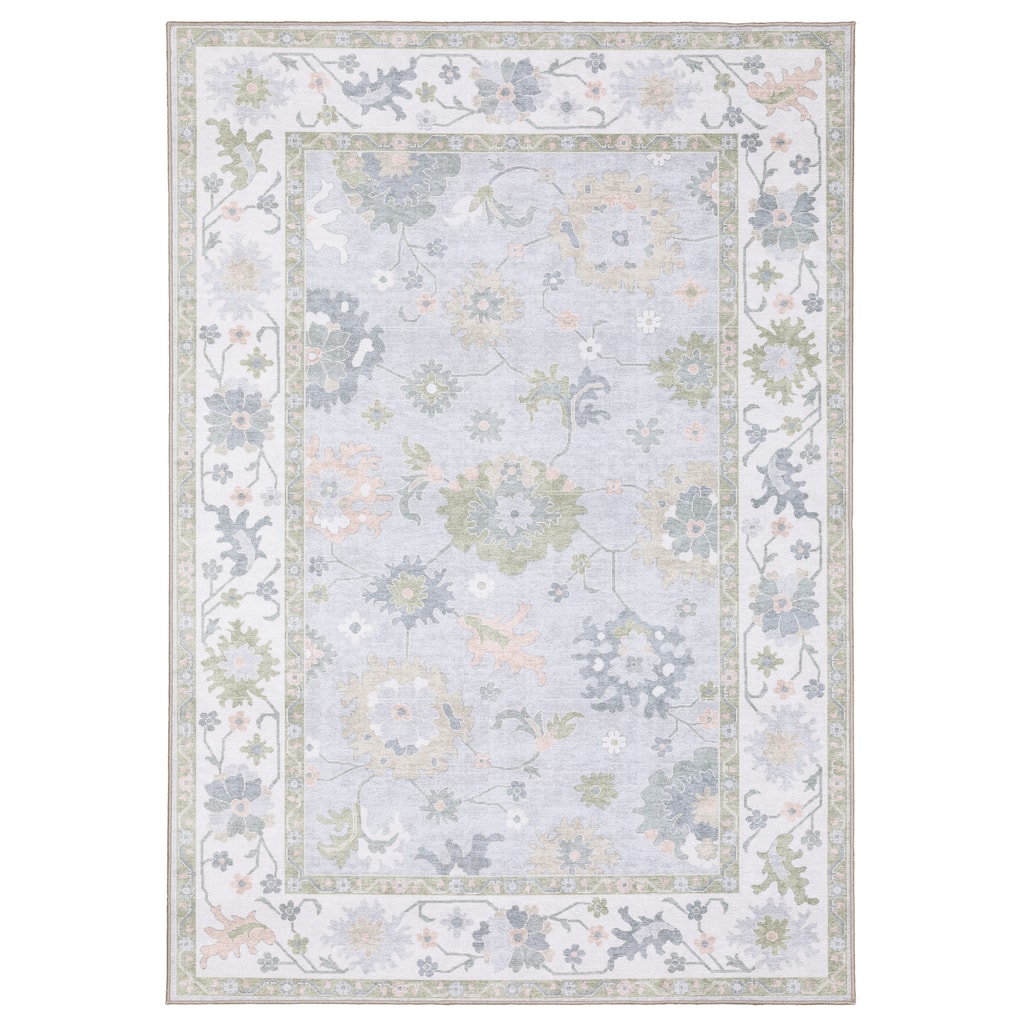 Ainsley Floral Traditional Blue/ Green Printed Washable Flat Pile Area Rug