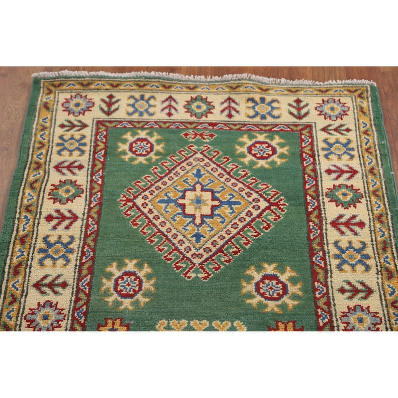 Green Kazak Runner Rug Hand-Knotted Geometric Wool Carpet - 2'7" x 16'2"