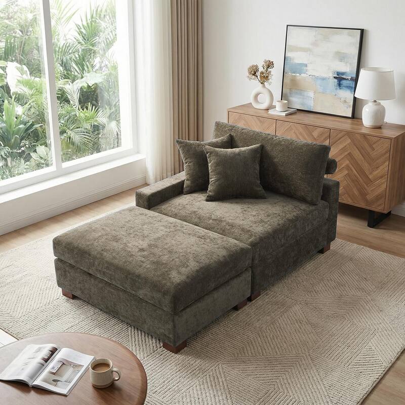 Modern Chenille Chaise Lounge Set with Ottoman