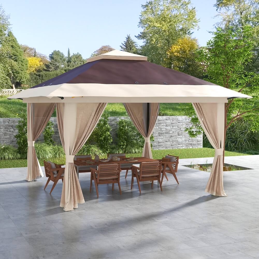 Outsunny 13' x 13' Pop Up Gazebo with Netting, Foldable Patio Canopy Tent with 2-Tier Roof, Adjustable Height Shelter