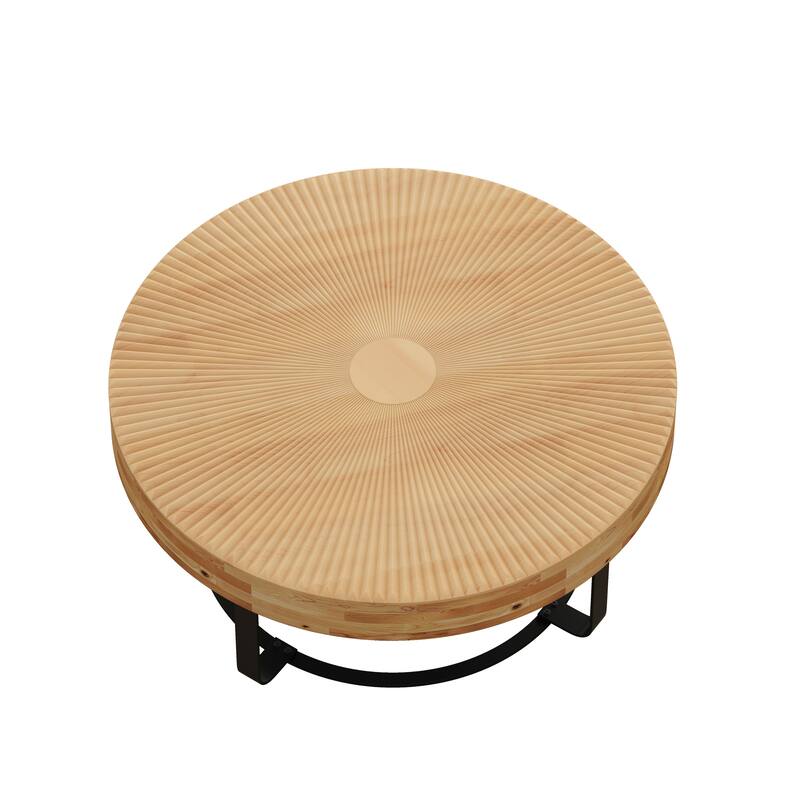 Modern Round Coffee Table Wooden Carving Pattern Coffee Table with Metal Legs for Living Room Reception Room Office ,Black