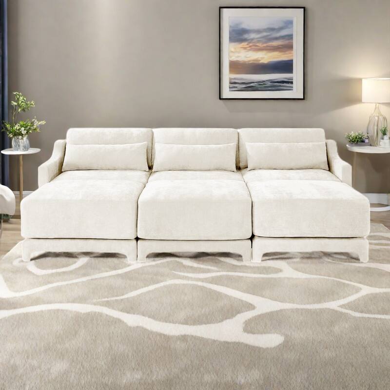 105.9" Chenille Ergonomic 3-Seater Sofa with 3 Movable Ottomans, Lumbar Pillow, and High-Resilience Sponge - Beige