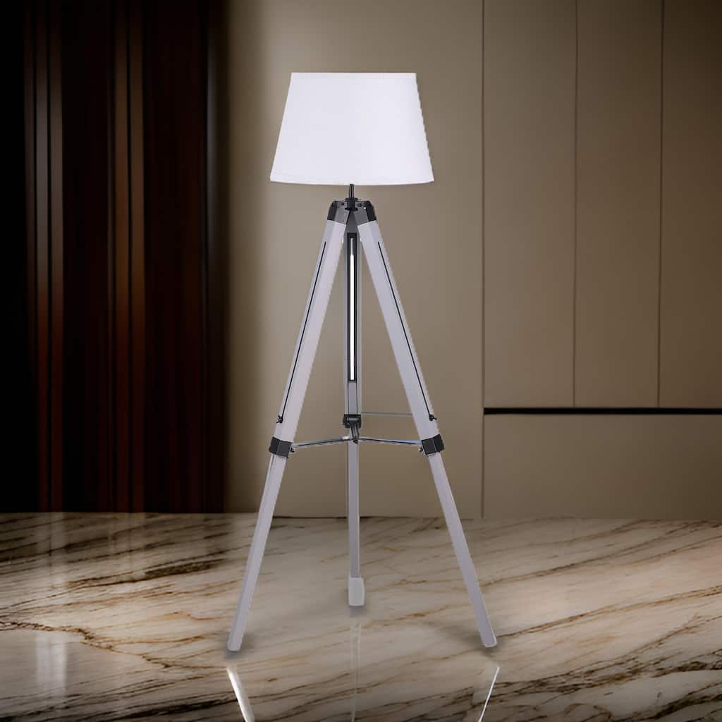 56 Inch Floor Lamp, White Tapered Drum Shade, Weathered Gray Tripod Base