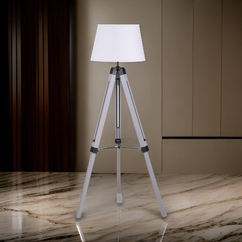 56 Inch Floor Lamp, White Tapered Drum Shade, Weathered Gray Tripod Base