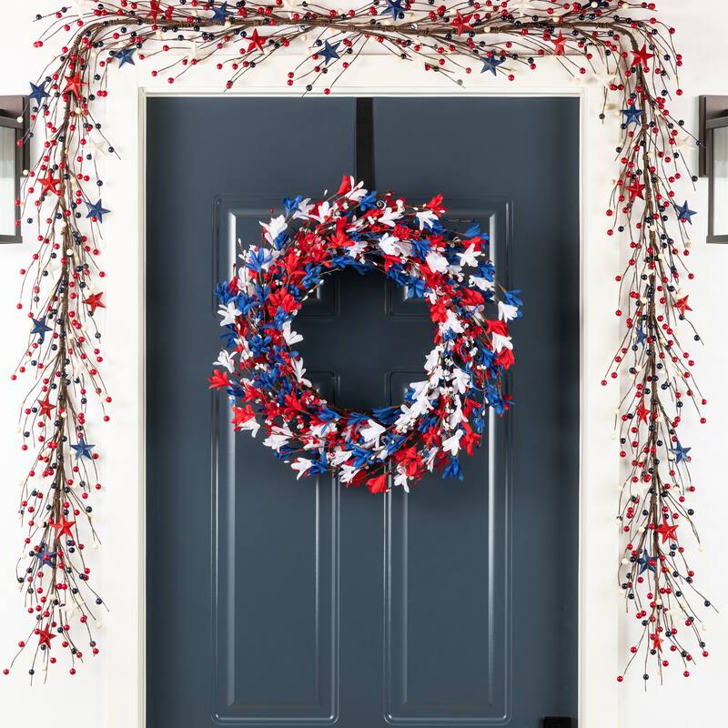 Glitzhome Patriotic/ Americana Red White Blue Floral Wreath or Stars Berry Garland