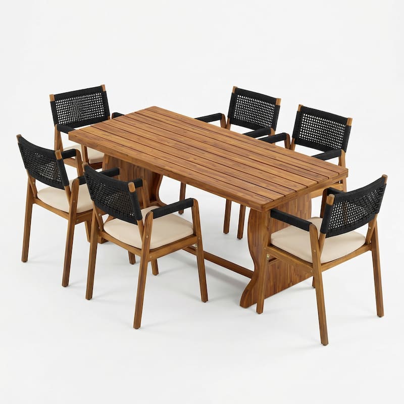 Christopher Knight Home - Arden Rustic 7-Piece Acacia Wood Outdoor Dining Table Set with Rope Woven Dining Chairs and Cushions