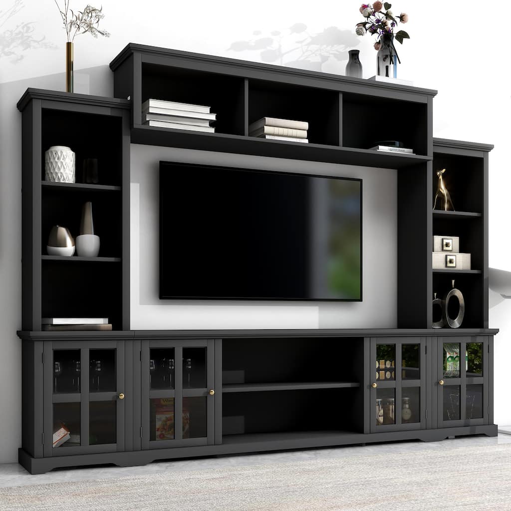 Black Entertainment Wall Unit with Bridge, Tempered Glass Doors for TVs Up to 70"
