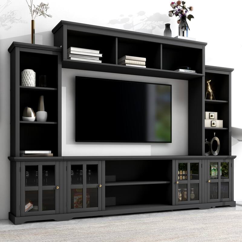 Large Entertainment Wall Unit Set with Open Storage, Wood TV Stand for TV Up to 70", Large Media Console with Cabinet - Black