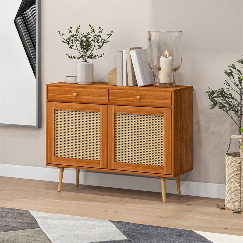 Storage Cabinet with 2 Drawers, Rattan Doors and Wooden Legs