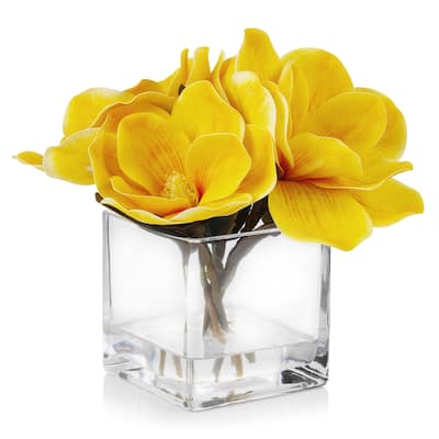Enova Home Artificial Real Touch Magnolia Faux Flowers Arrangement in Cube Glass Vase with Faux Water Home Wedding Decoration