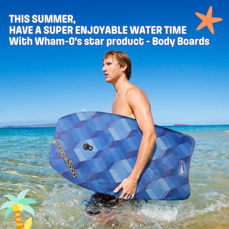 Wham-O 33" Body Board for Beach, Lightweight Boogie Boards with EPS Core, Fiber Clad Bodyboard with Wrist Leash - Blue