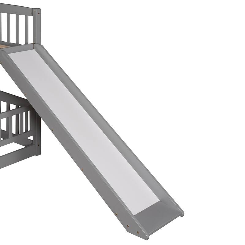 Full Over Full Low Bunk Bed with Slide, Fence, and Ladder for Kids and Teens