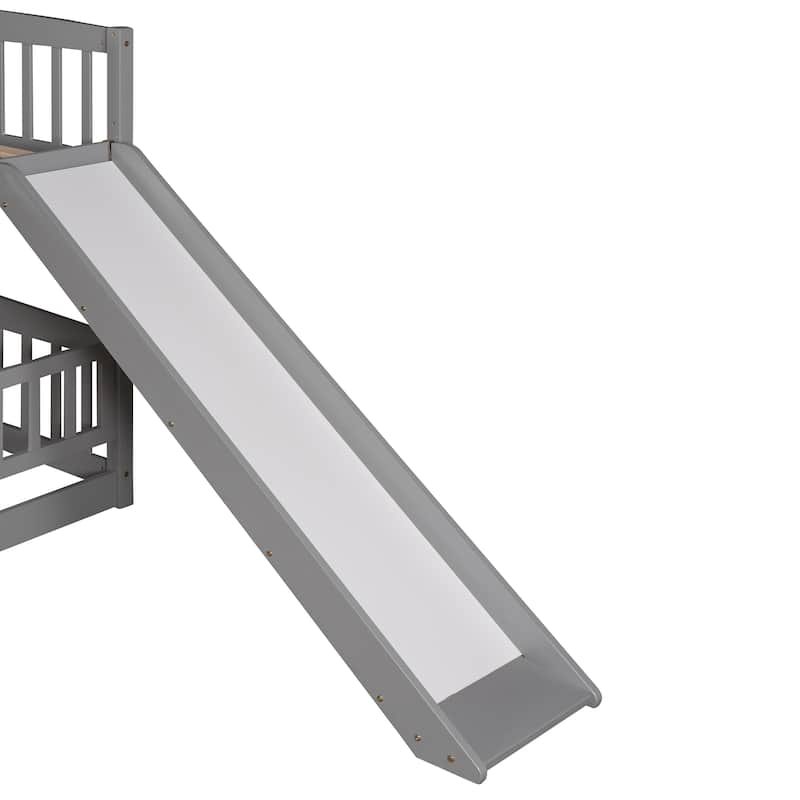Solid Wood Low Bunk Bed with Slide,Fence and Ladder