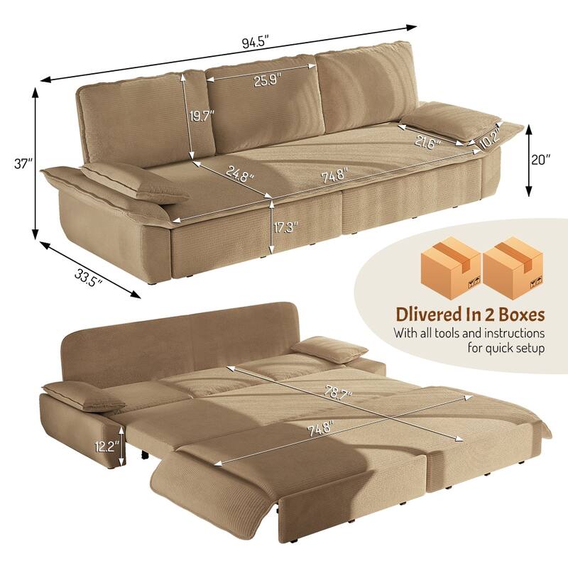 94.5" Corduroy Sofa Bed, 3-in-1 Convertible Sleeper Sofa Couch, Pull Out Sofa Bed, Space-Saving Upholstered Sofa