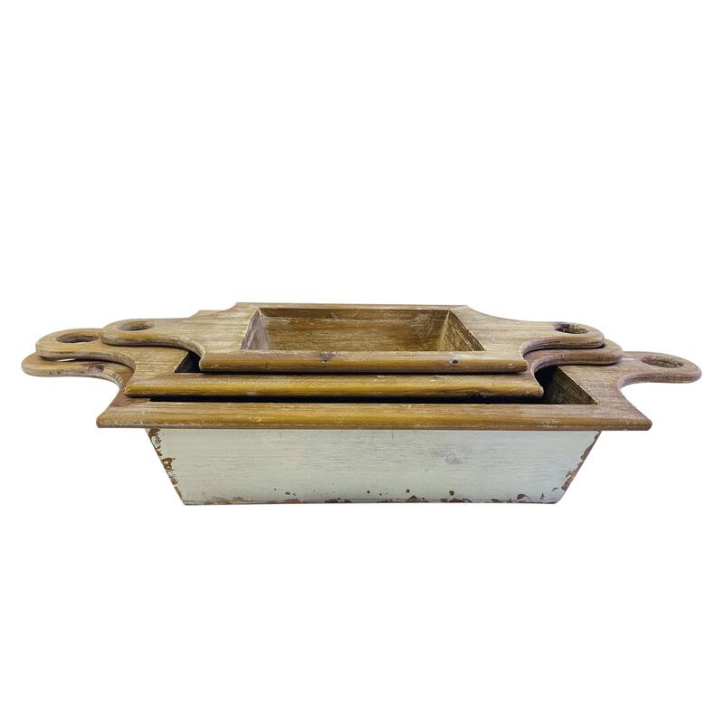 HomeRoots Set of Three Natural And White Solid Wood Centerpiece Bowl With Handles - 24.00 in. x 3.74 in. x 11.00 in.