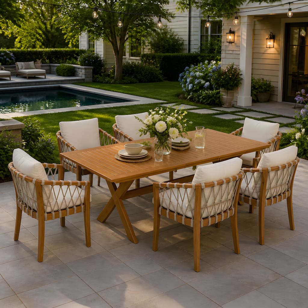 Christopher Knight Home - 7-Piece Outdoor Dining Set Solid Acacia Wood with Extendable Table, Rope-Woven Cushioned Chairs
