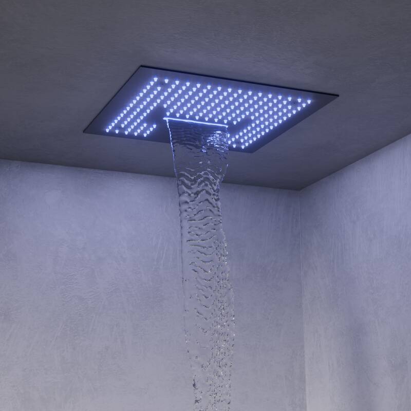 GRANDJOY Luxury LED 16" Ceiling Mount Shower Head Temperature Display Shower System with 6 Body Jets
