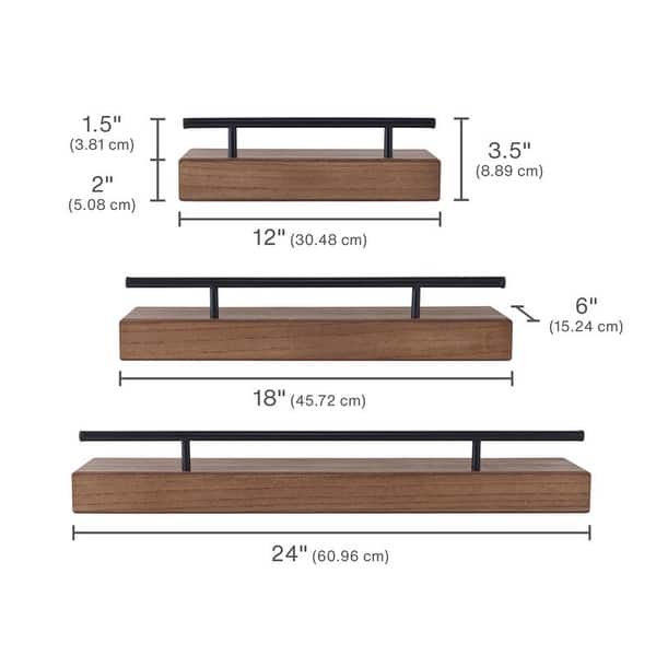 Melannco Set of 3 Natural Metal Rail Shelves, 12, 18, 24 Inch - Bed ...