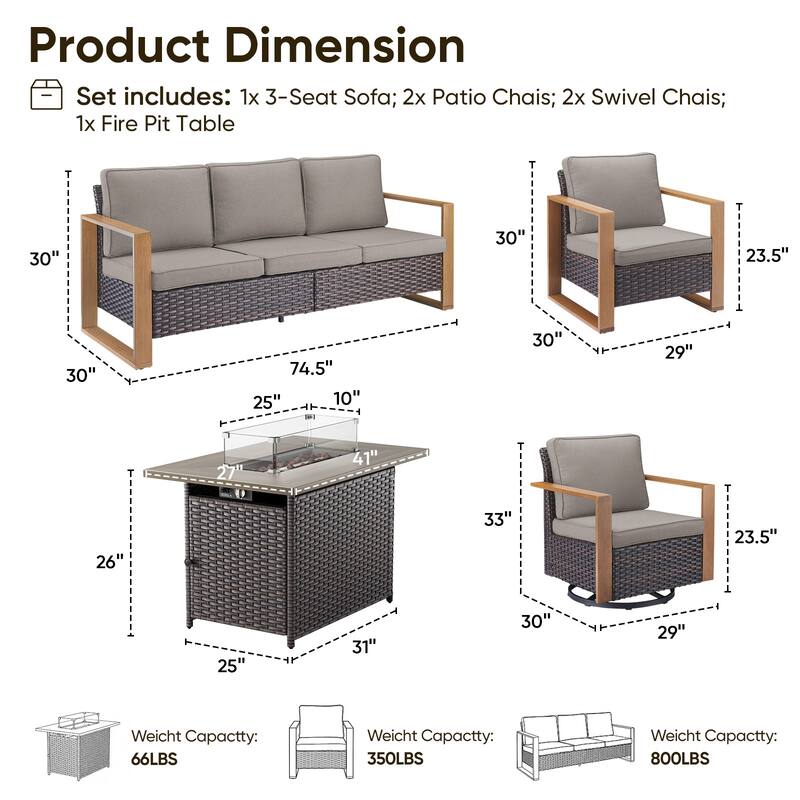 Pocassy Outdoor Sofa Patio Chair with Fire Table Set