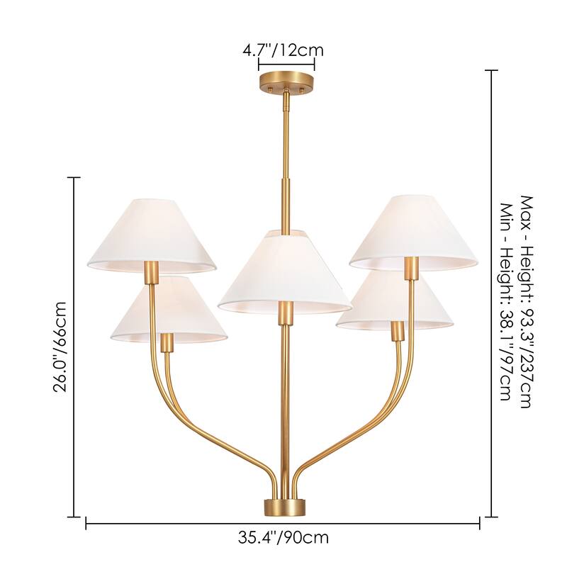 6-Light Modern Gold/Matte Black Sputnik Staggered Large Chandelier with Cone White Fabric Shade