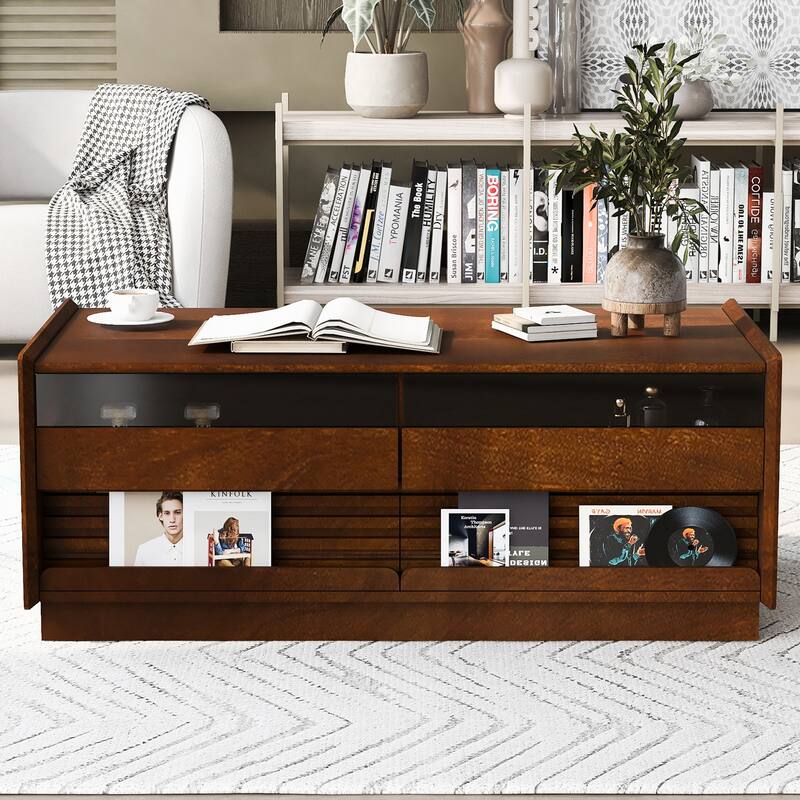 47.2" Wood Rectangle Coffee Table with 4 Drawers and 2 Display Shelves