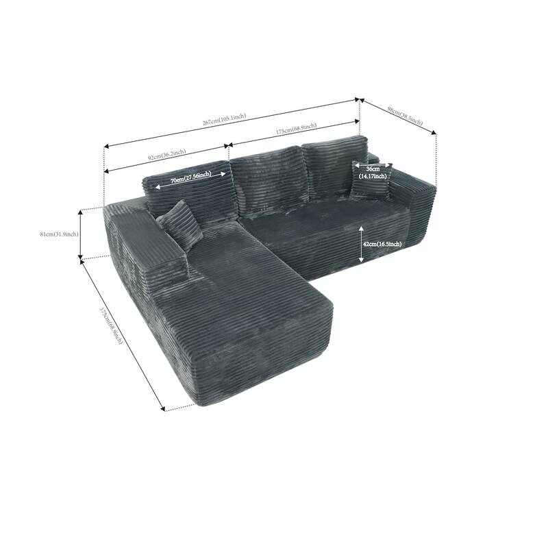 105" Corduroy Sectional Sofa with Chaise, Modern L-Shaped Modular Couch with Deep Seats, Plush Upholstered Living Room Sofa